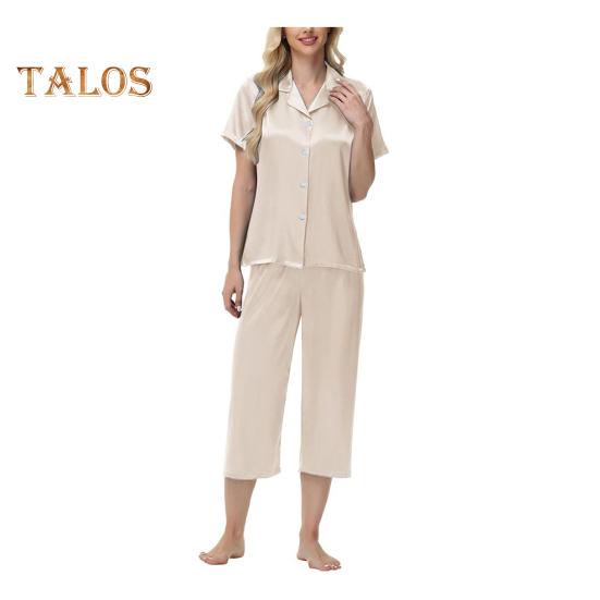 2 шт./комплект пижамы Ice Silk, рубашка с длинным рукавом и застежкой на пуговицы, эластичный пояс, широкие укороченные брюки, домашняя одежда, повседневный наряд, весенняя одежда для сна