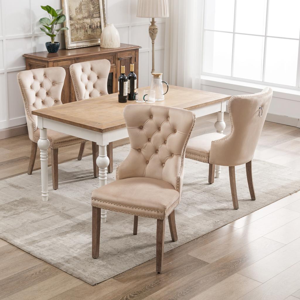 Dining Chair (Kitchen Chair with Unique Door Knocker on the Back, 4 pcs), Upholstered Chair with Nailhead Trim, Solid Wood Legs, Velvet Cover, Beige