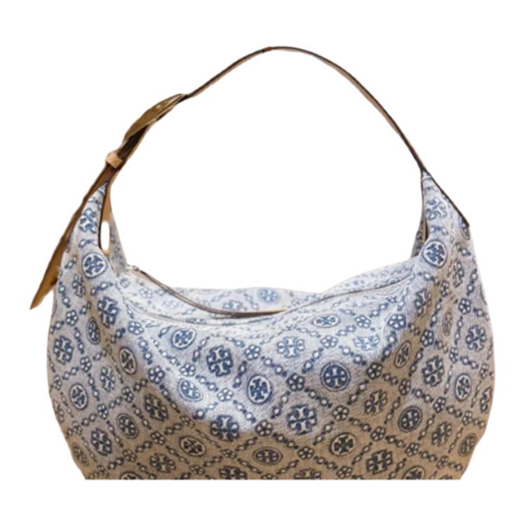 Tory Burch T Monogram Denim Jacquard Design Crescent Bag Women Shoulder Bag Powder-Blue 181549-400