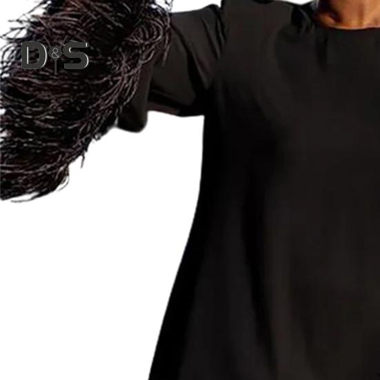 Women Fall Spring Dress Loose Round Neck Fuzzy Faux Fur Decor Solid Color Long Sleeve Pullover H Shaped Above Knee Length Mini Dress