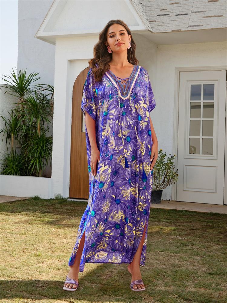 EDOLYNSA Plus Size Kaftan Purple Bohemian Printed Tasseled V-neck Summer Long Beach Dress Women Homewear Swim Suit Cover Up Loose Caftan Q1627