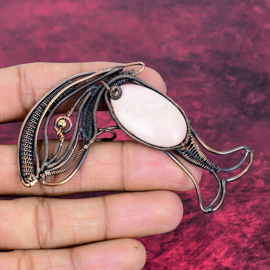 Pink Opal Gemstone Pendant Fish Pendant Copper Wire Wrapped Handmade Jewelry