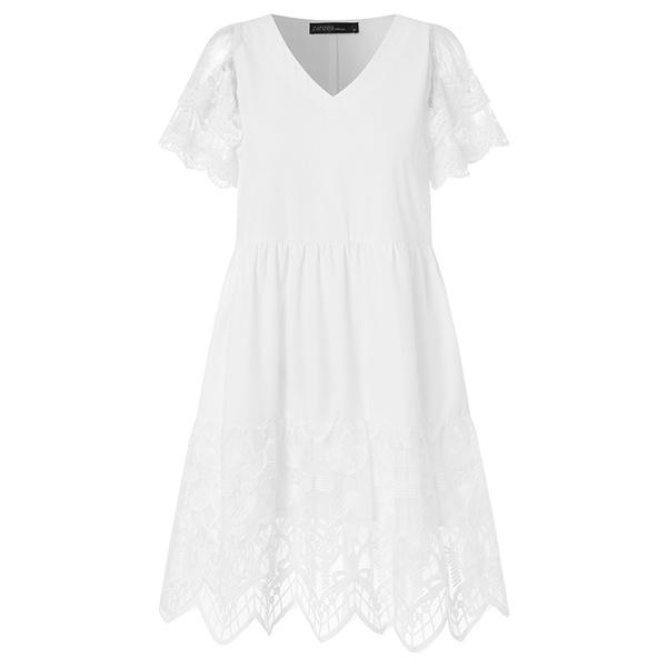 Женское кружевное платье с V-образным вырезом и коротким рукавом, праздничное летнее повседневное платье