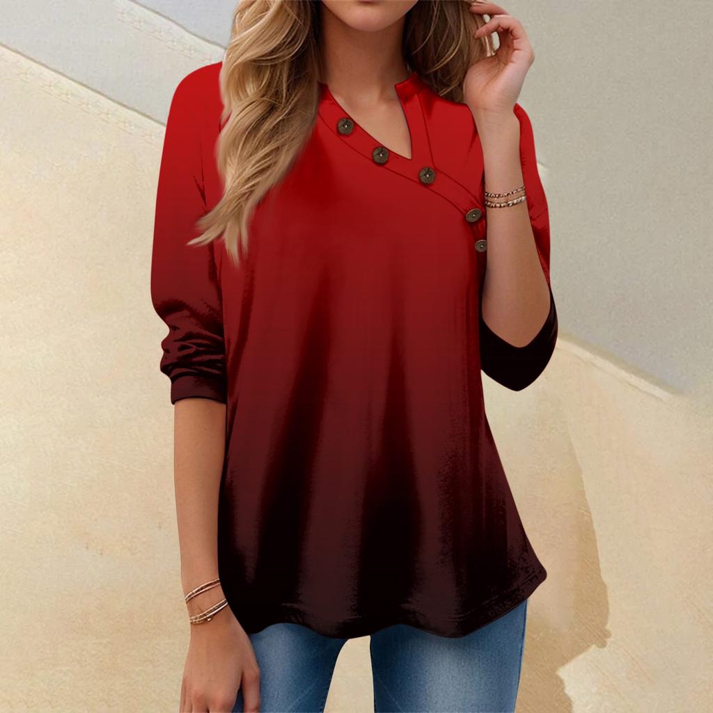 Женская футболка с принтом и пуговицами, длинный рукав, повседневная мода для выходных, пуловер с v-образным вырезом, топы