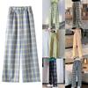 Women's Lightweight Elastic Summer High Waist Wide Leg Casual Pants Retro Plaid Loose