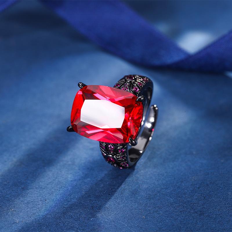 Jewelry Copper Bottom Plated Black Gold Retro Simulation Red Corundum Blue Spinel Personality Ring Heroine Stone 12 * 16