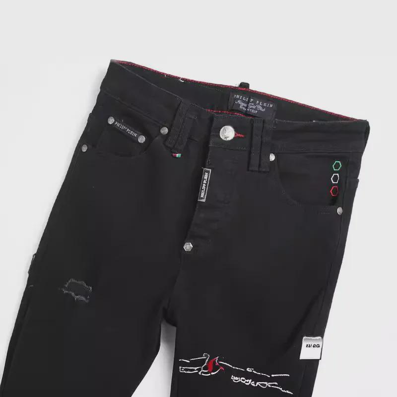 2024 г. Узкие черные вышитые джинсы-скинни для мужчин в стиле панк-стиля