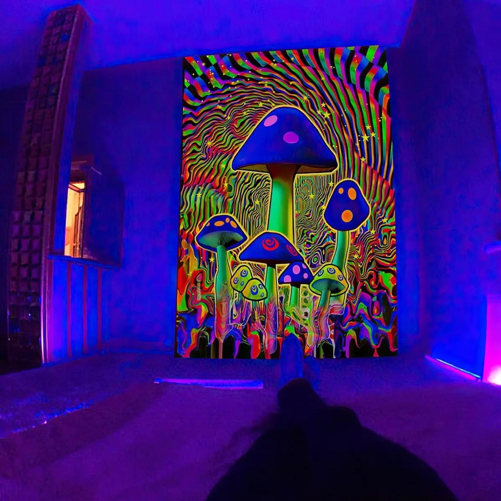 Флуоресцентный гобелен, УФ-реакция, психоделический череп, гриб, стена, хиппи, спальня, общежитие, украшение отдельной комнаты
