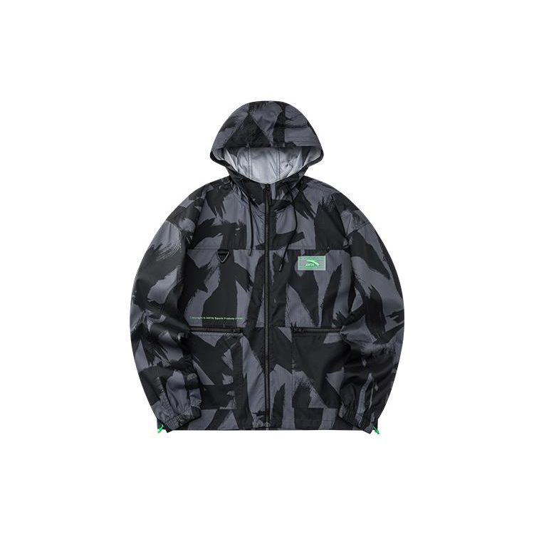 Anta SS22 Тканая куртка с логотипом и полным принтом с капюшоном Мужские куртки Черные 152228613-2