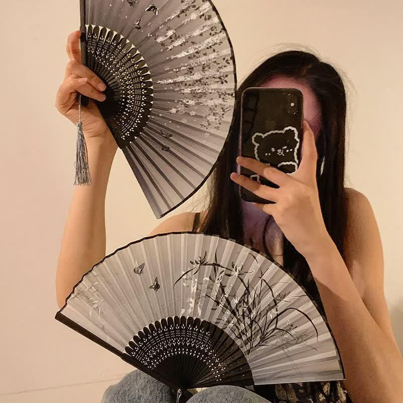 LIEI Portable Black Chinese Style Bamboo Folding Fan