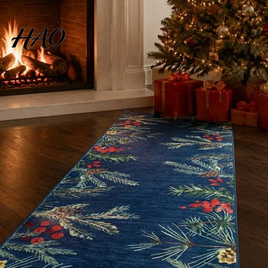 Hallway Runner Rug Christmas Rug, Watercolor Pine Branches Berries Pattern, Indoor Entryway Anti Fatigue Kitchen Mat 47.24"x15.75" Non Slip Floor for
