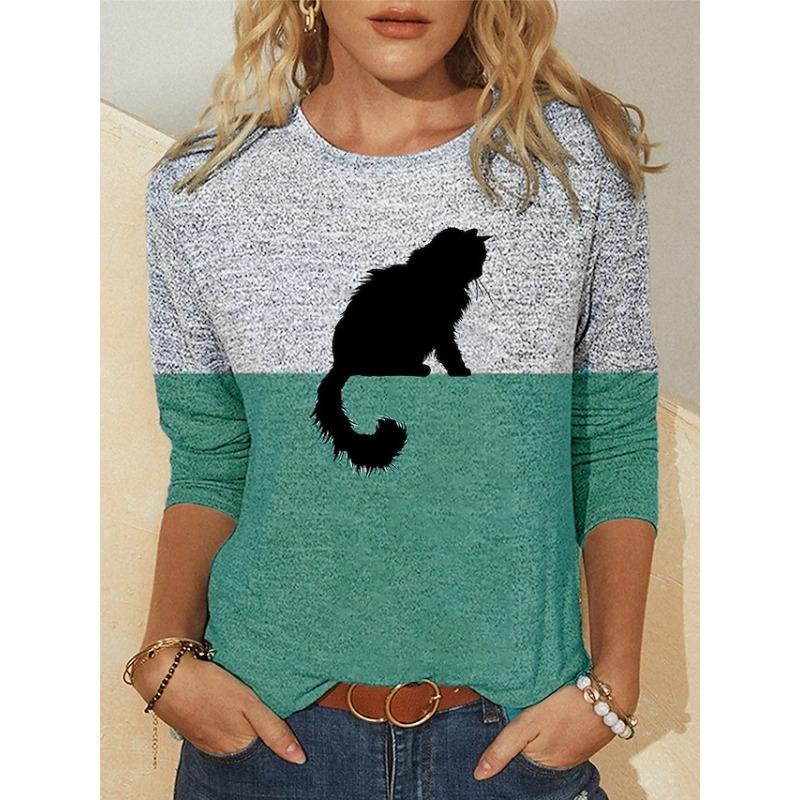 Color Block Printed Long Sleeved Casual Daily Basic Retro Round Neck 3D Cat Printed Women's T-shirts - Soft Medium Stretch Relaxed Fit Clothing