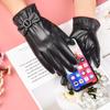Women's Warm Leather Gloves New Winter PU Gloves Bow Plus Velvet Thickened Cold Proof Riding Touch Screen Gloves