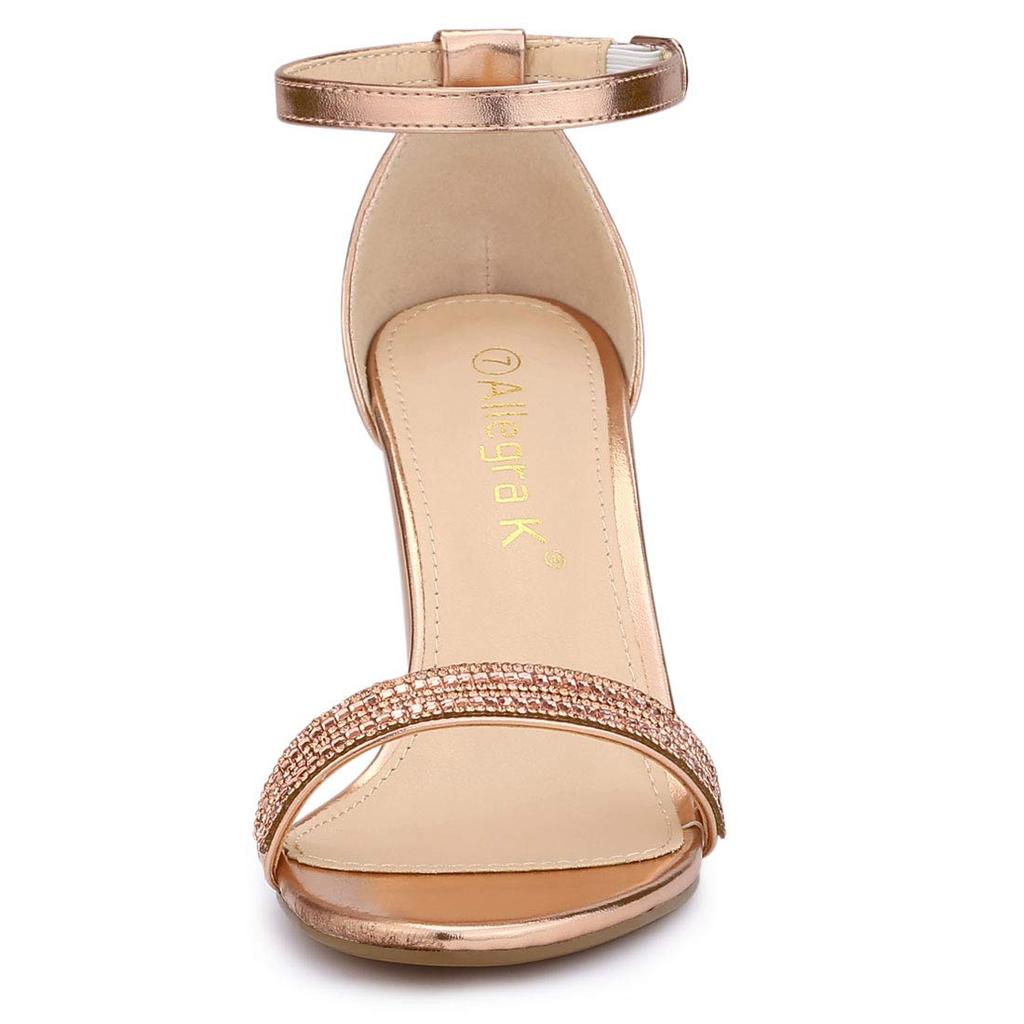 Allegra K Women's Rose Gold Ankle Strap Sandals with Rhinestones and Chunky Heels, Size 24.5cm