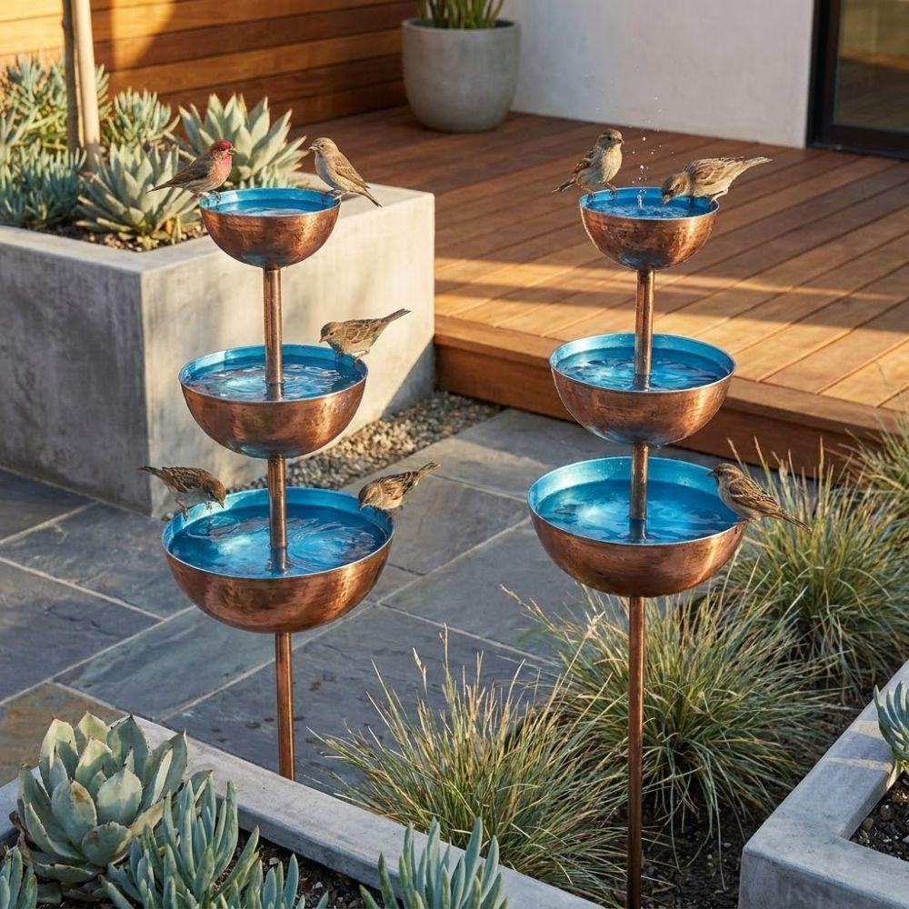 Three-layer Bowl Garden Rain Catcher Handmade Bird Feeding Station Birdbath Stand Lawn Decor