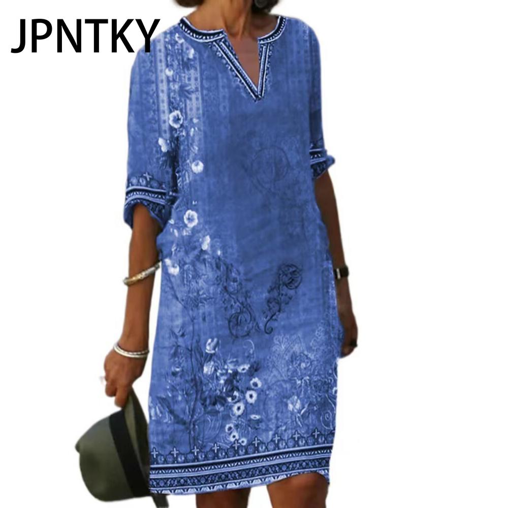 JPNTKY Women Sexy V Neck T-Shirt Dress Summer Women Short Sleeve Top Women Slim Midi Dress Beach Skirt Print Dress Casual Dress
