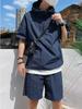 Men Summer Tracksuit Shorts Set Hooded T Shirt Zipped + Matching Shorts Solid Cargo Large Size Casual Suit