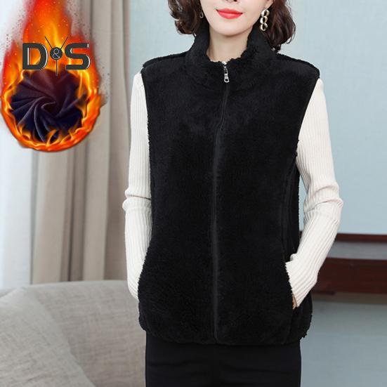 Женский осенне-зимний однотонный плюшевый жилет с воротником-стойкой, карманы без рукавов, карманы на молнии, утолщенный двухсторонний флисовый жилет, пальто