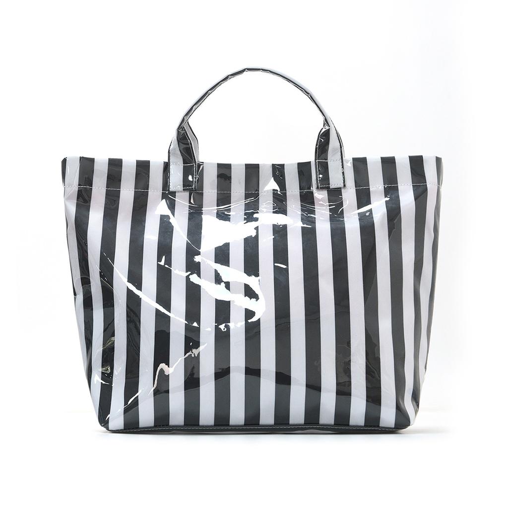 Striped PVC Tote Bag, Large Capacity Commuter & Travel Shoulder Handbag | Lightweight Magnetic Snap Bag with Inner Zipper Pocket
