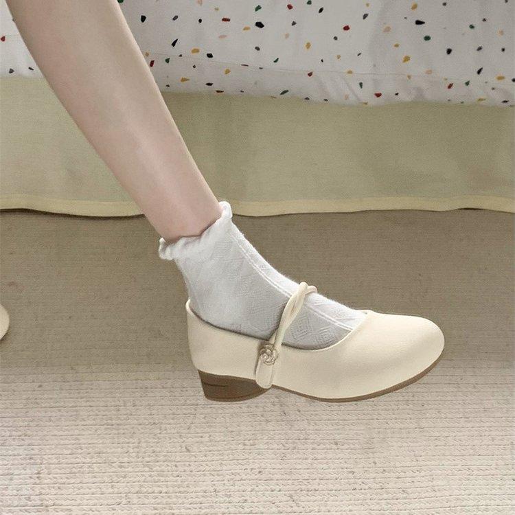 White round head retro versatile light mouth thick heel single shoes women's 2025 new spring skirt French Mary Jane shoes