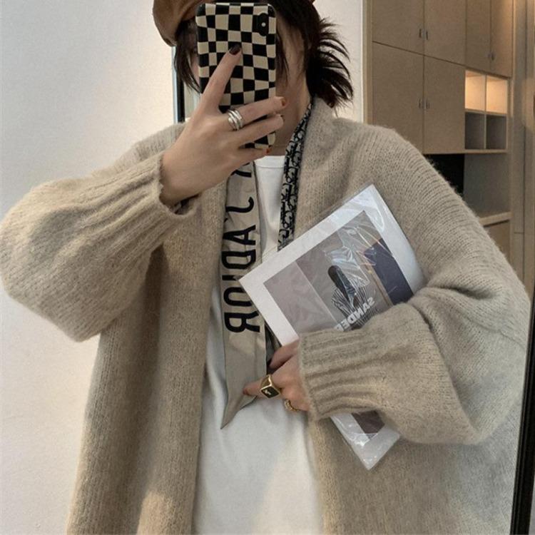 Women's Casual Solid Color Loose Knitted Cardigan Sweater Jacket Top