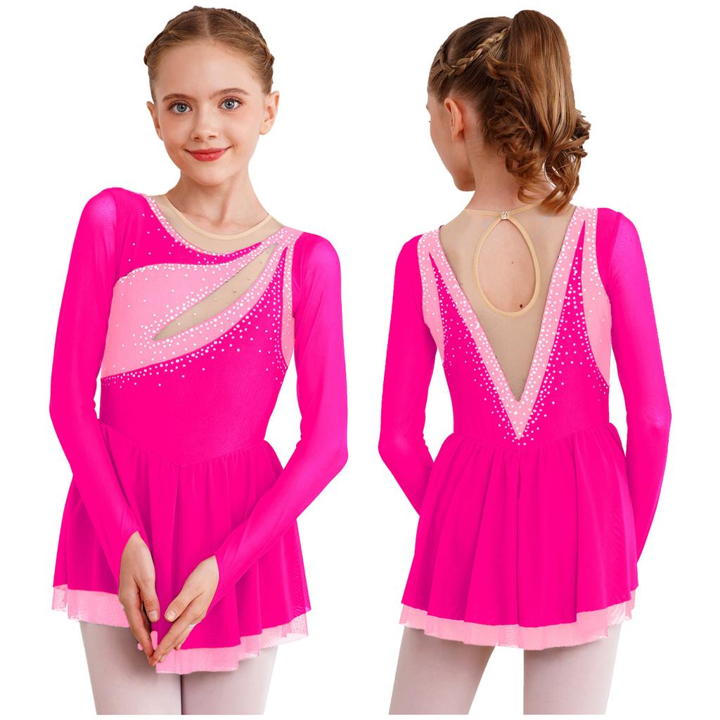 Kids Girls Sparkly Rhinestone Long Sleeve Figure Ice Skating Dress Ballet Modern Lyrical Dance Costume