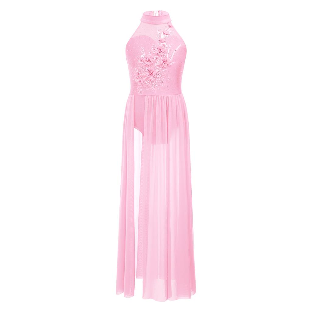 Girls Lyrical Dance Dress Sleeveless Keyhole Back Bodice Split Mesh Maxi Dress