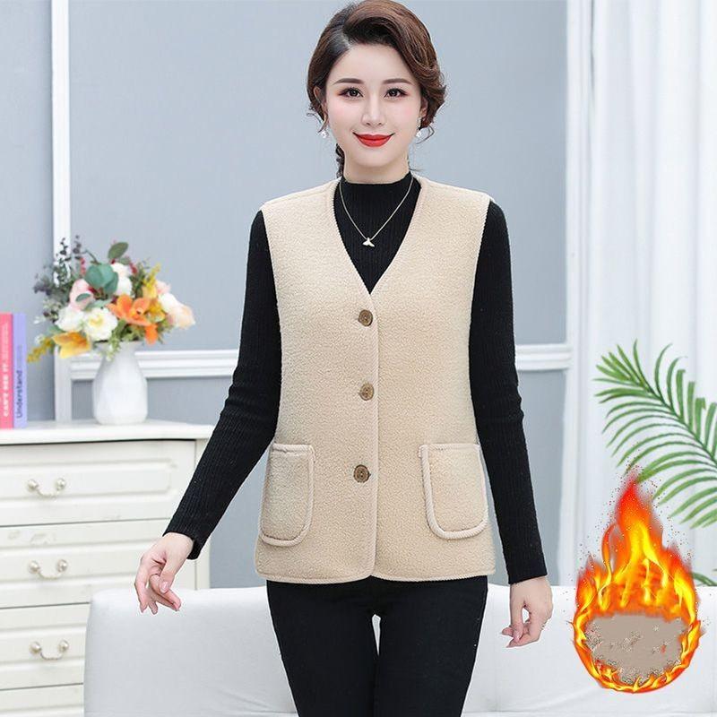 Women's Autumn and Winter Solid Color Plus Size Loose Thickened Warm Vest Elderly Leisure Temperament Sleeveless Jacket