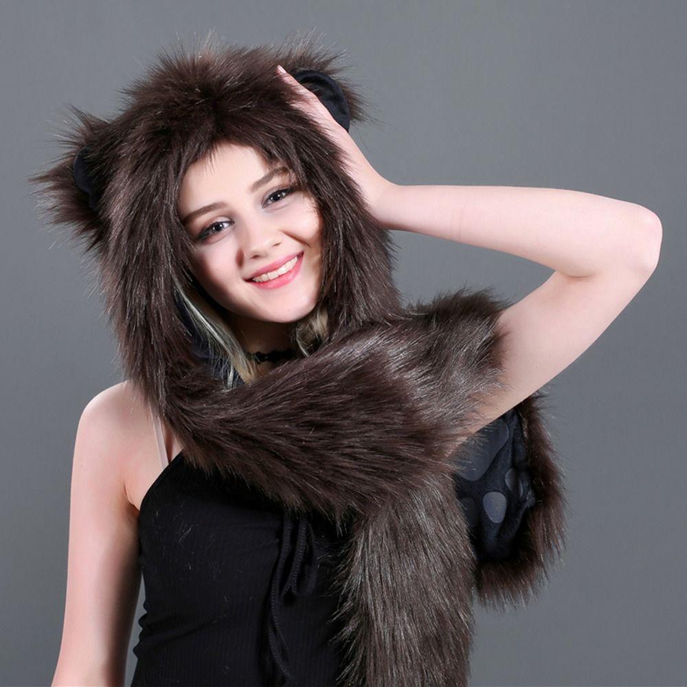 Warm Scarf Gloves Hat Set Fluffy Plush Plush Hooded Windproof Animal Hat Children