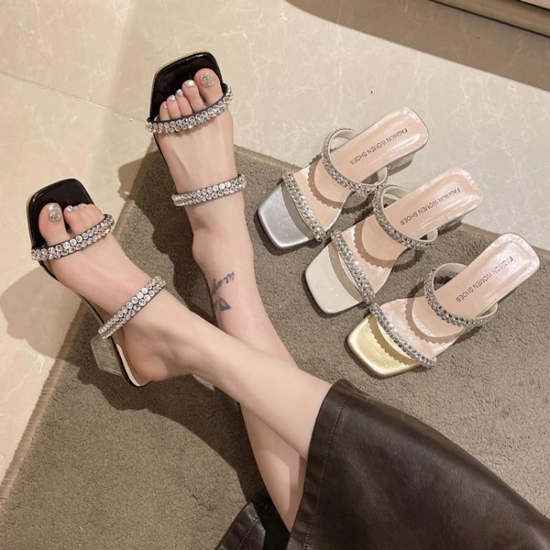 Женские роскошные тапочки с кристаллами, шлепанцы на каблуке, летние пляжные сандалии 2024 года, дизайнерские новые шлепанцы для ходьбы, женские сапатосы