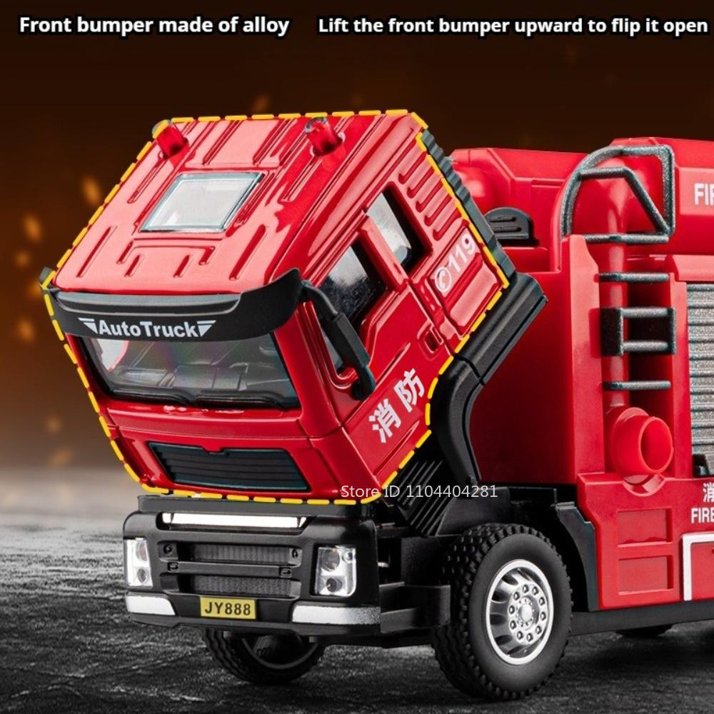 1:50 Spray Fire Truck Miniature Toy Model Alloy Diecast Car Sound Light Pull Back One Click Water Spray Vehice Kid Birthday Gift