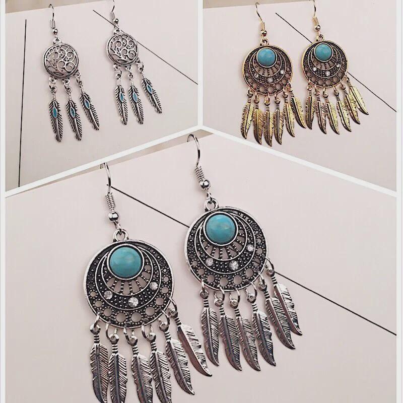 E1010 Винтажные этнические серьги-ловцы снов с бирюзой и кисточками из перьев