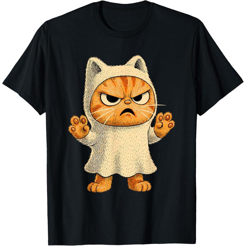 Sheet Ghost Cat Graphic Tee Funny Halloween Costume Gift Round Neck T-Shirt