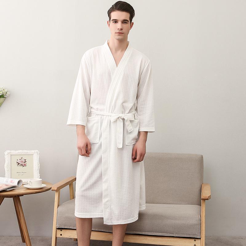 Spring-Summer Waffle Bathrobe: Unisex, Lightweight, 3/4 Sleeves, Korean Style, Absorbent