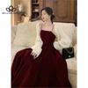 Красное бархатное винтажное платье с большой юбкой на бретелях, элитное элегантное банкетное вечернее платье длиной до щиколотки с талией
