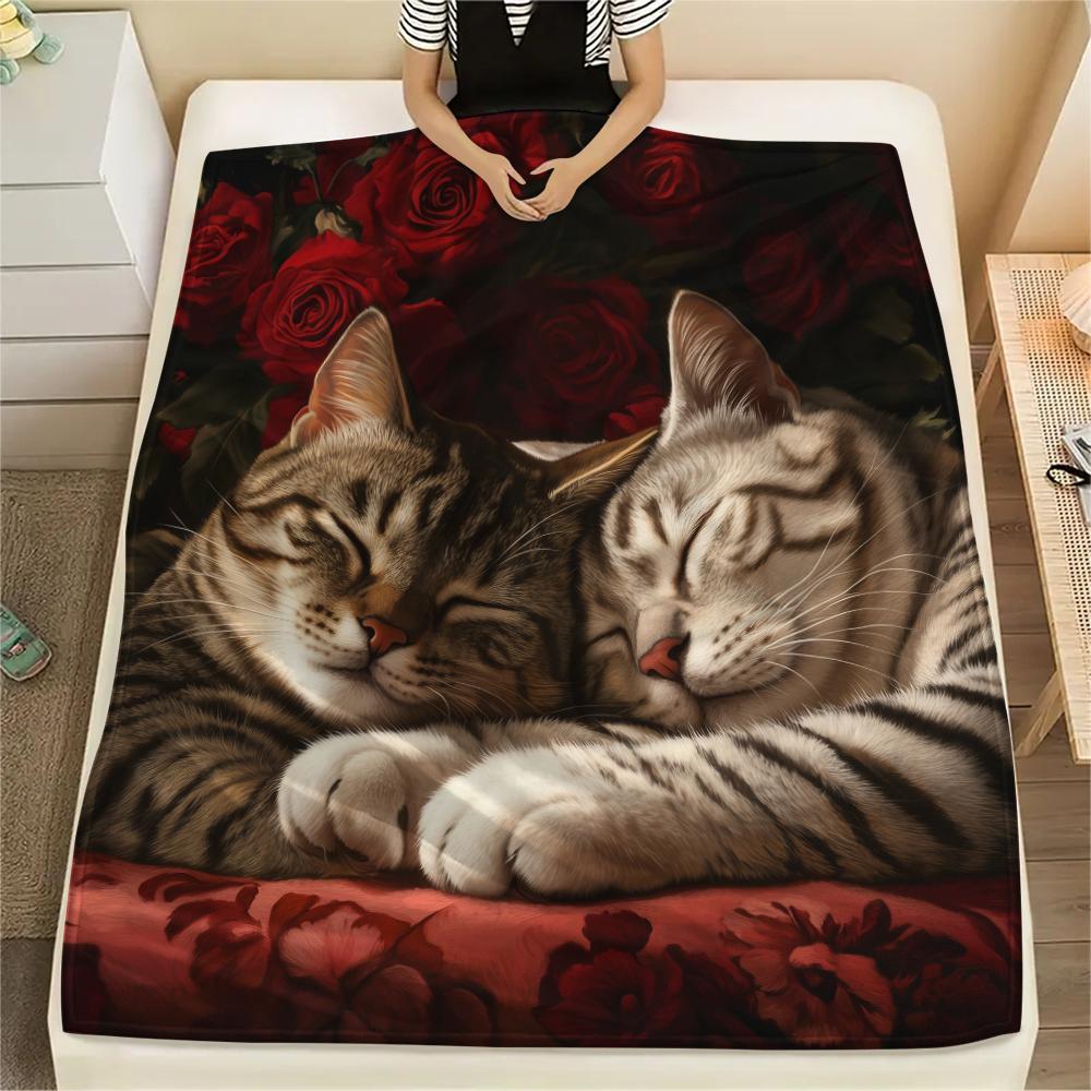 American Shorthair and Roses,pattern Flannel Blanket, High quality Comfortable for All Seasons, Home Decor, Warmth and Comfort, Perfect for Gifts.