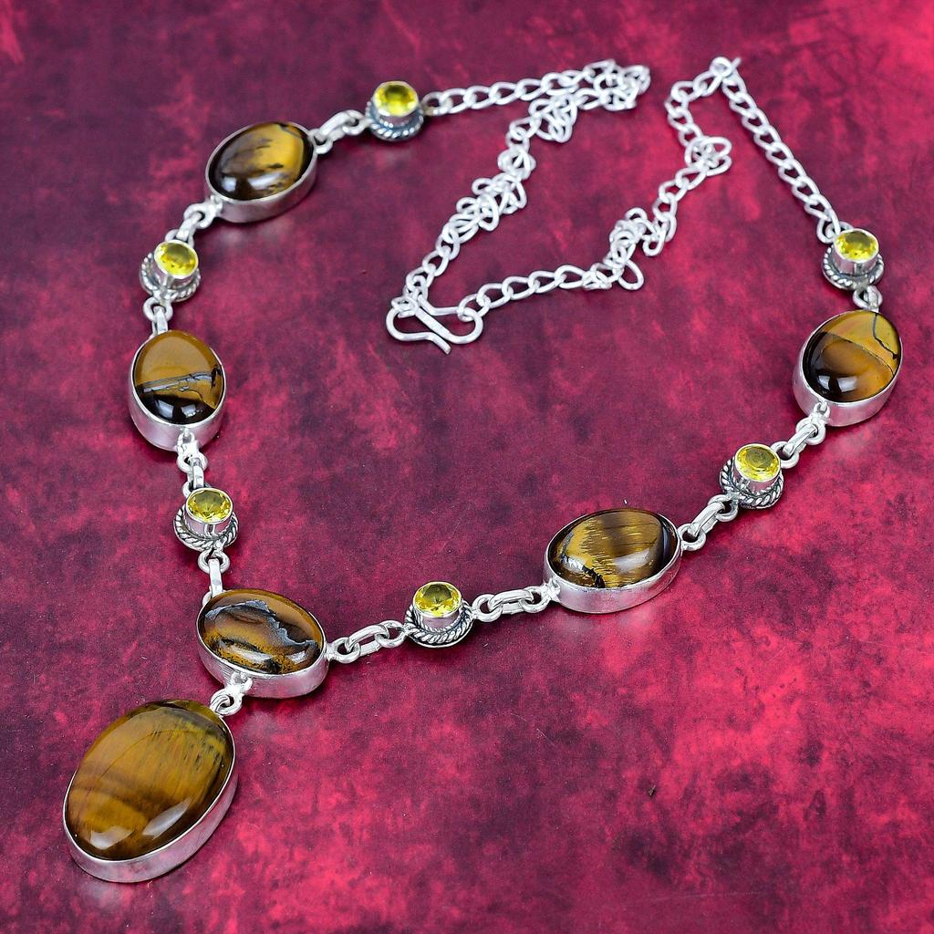 Ожерелье из тигрового глаза и цитрина из стерлингового серебра 925 пробы, регулируемое, цепочка, ожерелье из драгоценных камней ручной работы, подарок для мамы, антикварные украшения