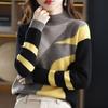 Fashion Women Patchwork Knitted Sweaters Casual Loose Jumpers Half High Collar Autumn Winter Commute Contrasting Colors Tops
