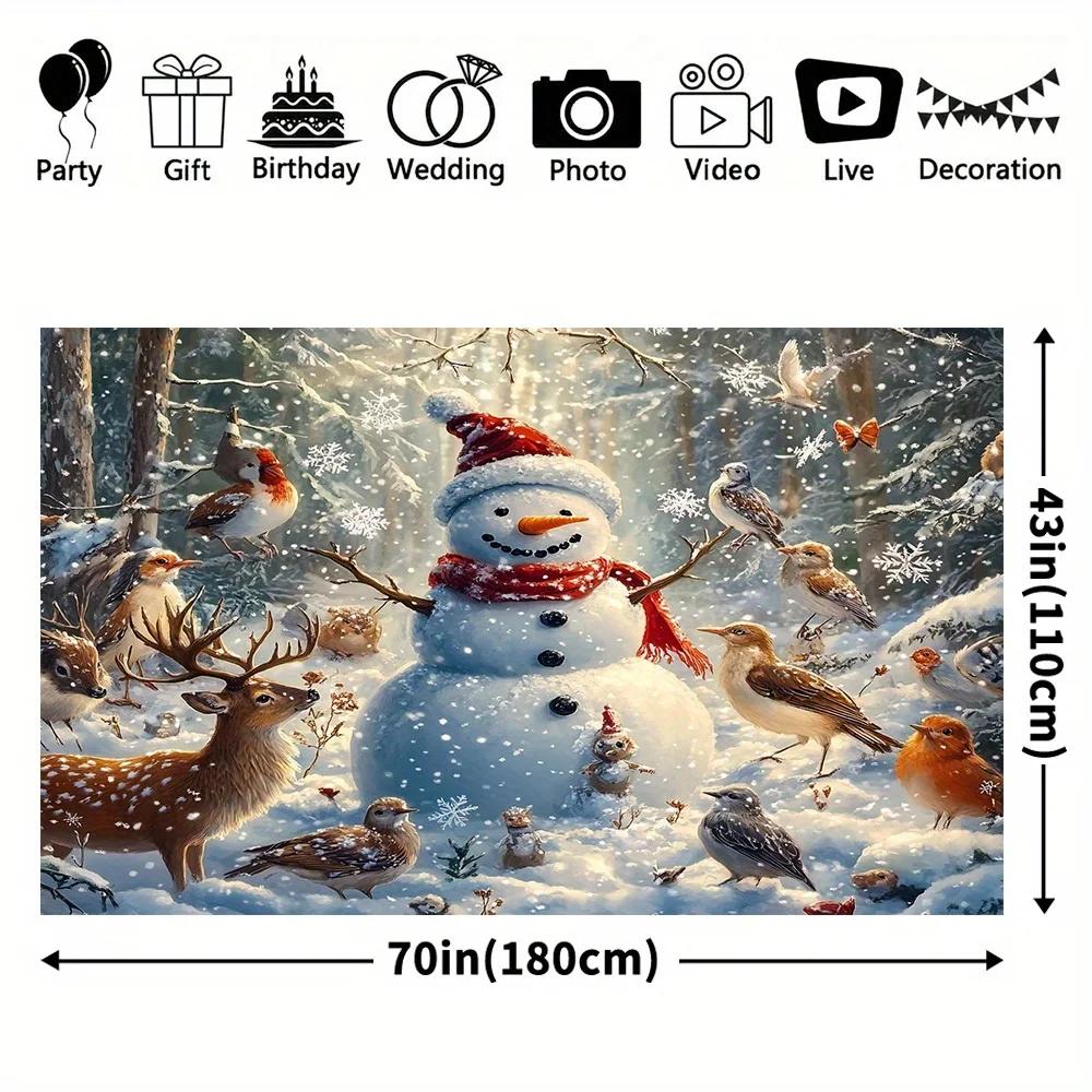 Merry Christmas! A winter scene background featuring a snowman and wild animals made of polyester fabric in standard size.ZL