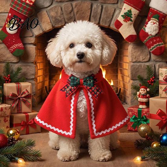 Small Dog Festive Wear Pet Christmas Cape with Bow, Red Cloak for Medium Dogs & Cats, Holiday Outfit White Wavy Trim, Costume Apparel Pets