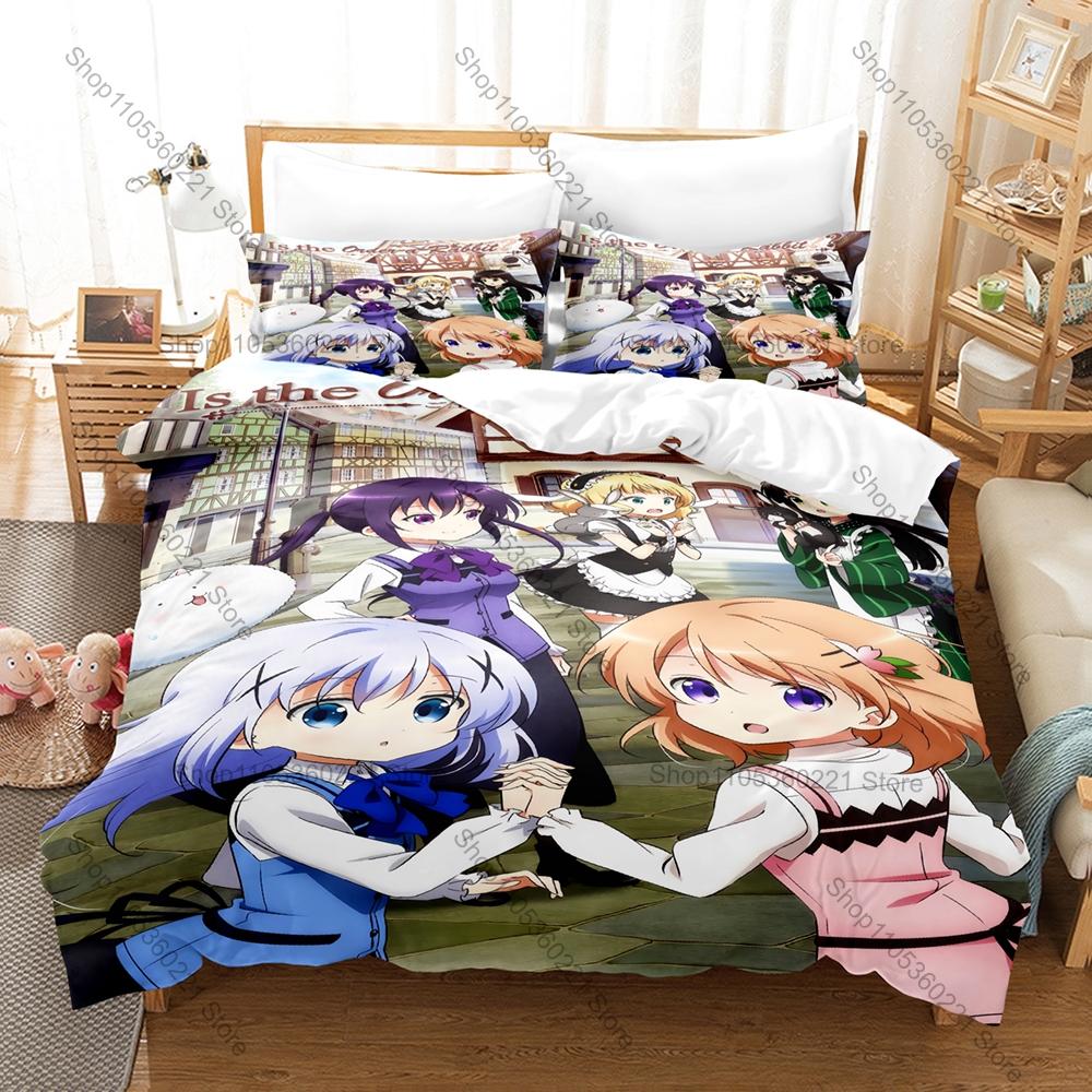 Is The Order A Rabbit Bedding Set Duvet Cover + 2 Pillowcases Cute Cafe Rabbit Girls Kawaii Slice of Life Anime Bedroom Decor