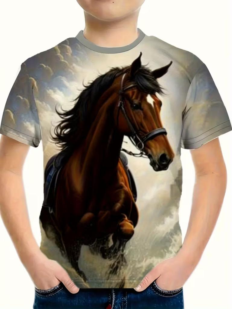 Children's clothing, boys' T-shirts, 3D horse print, short sleeves, fashionable children's summer clothing, casual children's clothing for girls.