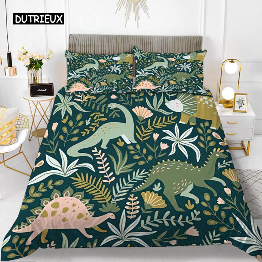Cartoon Dinosaur Duvet Cover Set King Microfiber Cute Cartoon Dino Comforter Cover Set Jungle Animals Bedding Set for Baby Girls