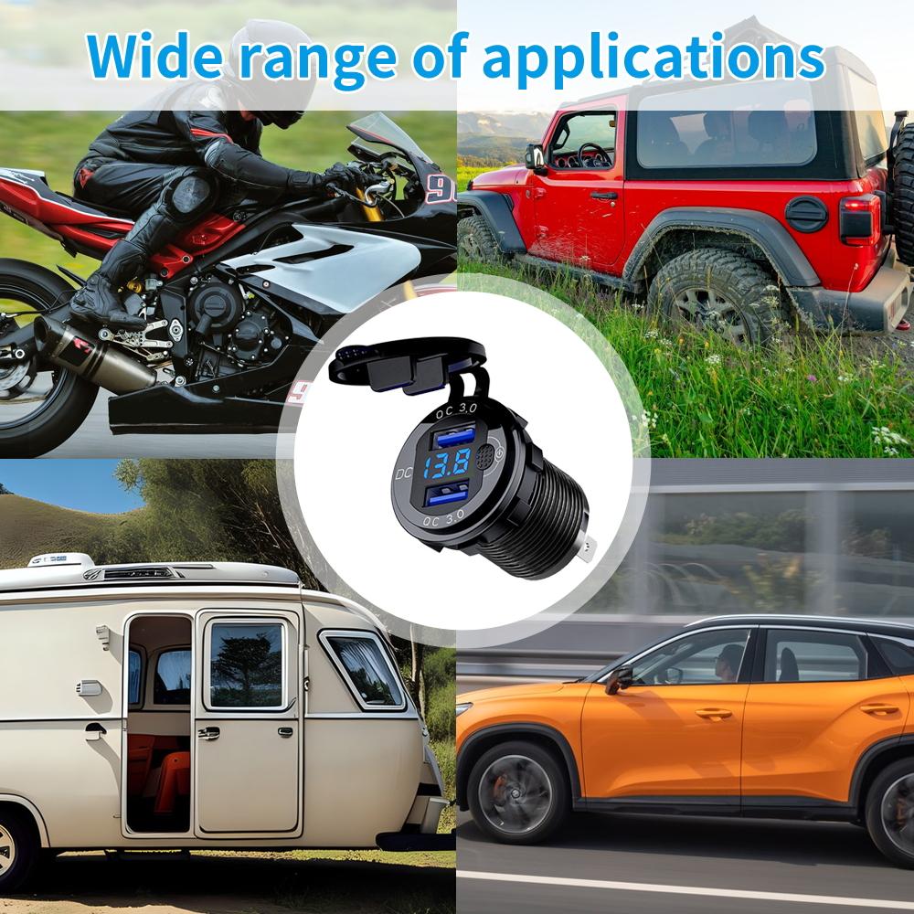 Автомобильное зарядное устройство QC3.0 с двумя USB-портами для прикуривателя, водонепроницаемое, с переключателем вольтметра, адаптер для быстрой зарядки 12/24 В, автомобильные аксессуары