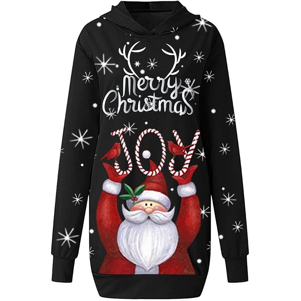 Fashion Casual Women's Christmas Printed Long Sleeve Hooded Pullover Dress Top