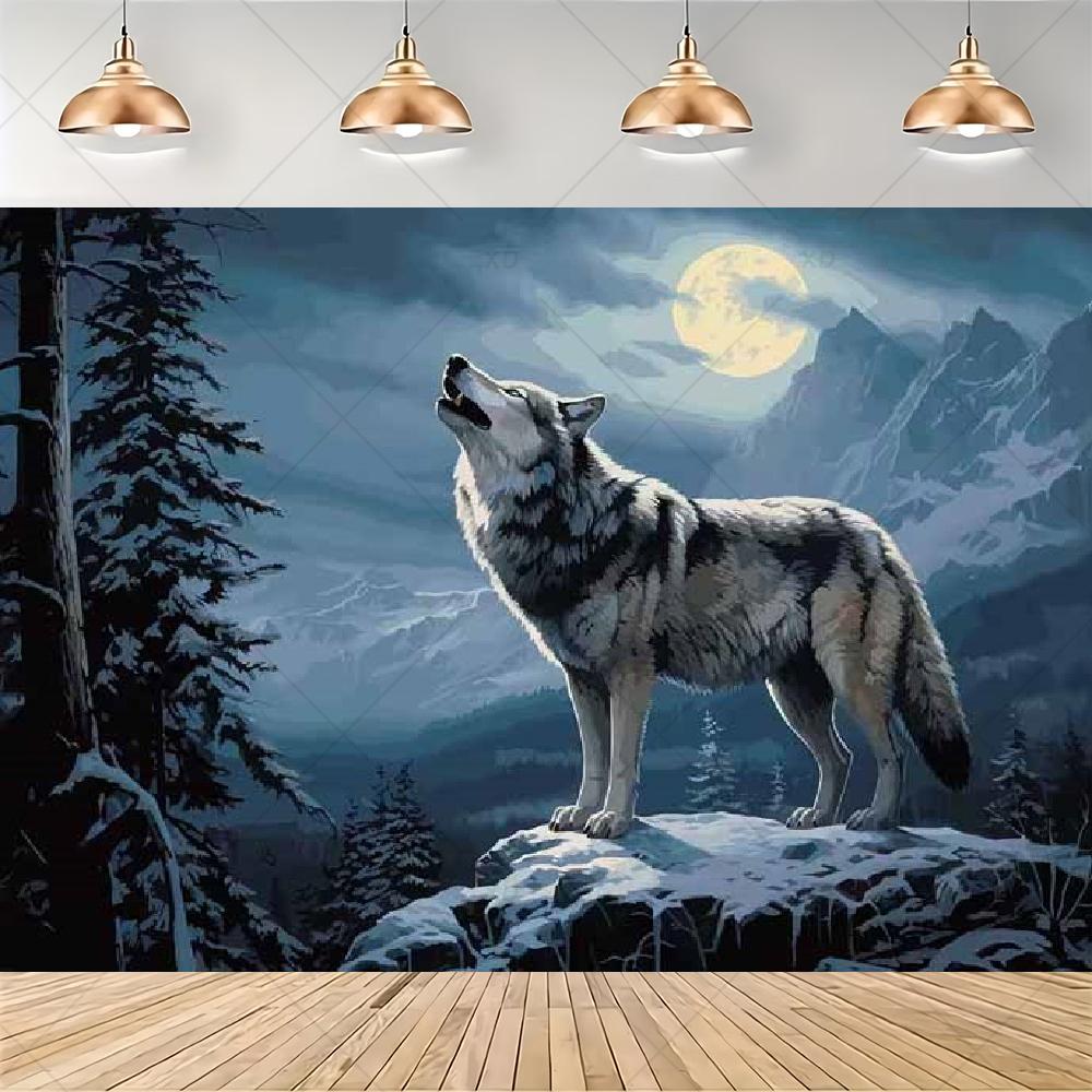 Wolf-themed birthday party decorations, backdrop with northern lights, moon and howling wolf, artistic background3470