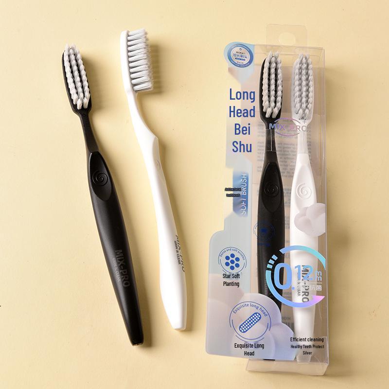 New Large Head Adult Soft Bristle Toothbrush - Black & White Couple Set with 0.12mm Fine Long Head