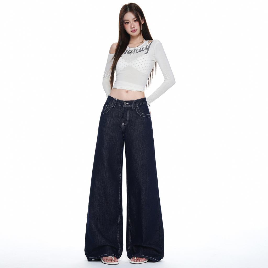 American retro wide-leg jeans women's autumn and winter new niche pocket design loose straight jeans