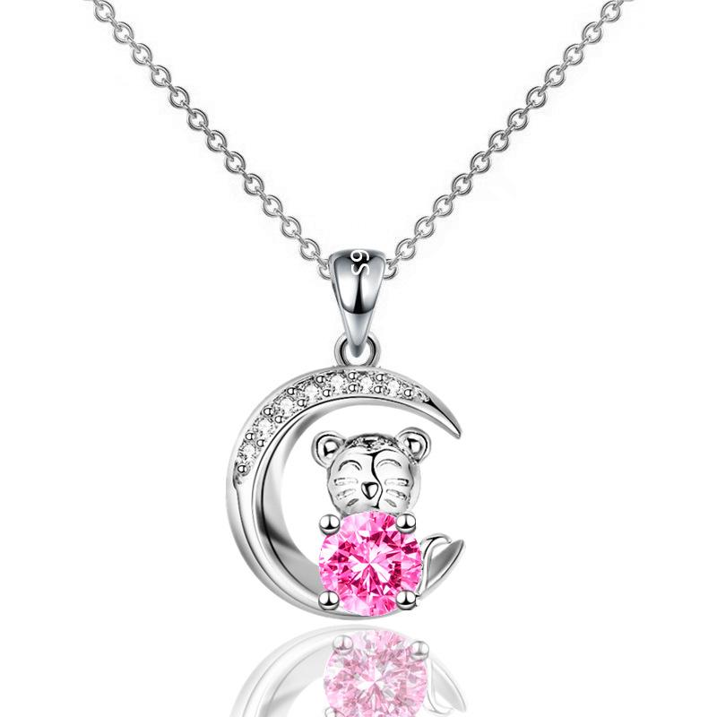 Year Of The Tiger Imitation S925 Silver Zodiac Tiger Pendant Necklace Female Moon Clavicle Chain