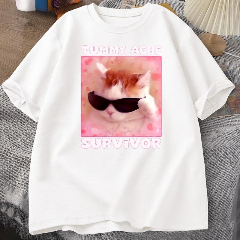 Tummy Ache Survivor Funny Cat Meme Tshirt Unisex Women Silly Stupid Cat Tee Shirt Unisexs Short Sleeve T Shirts Cotton Oversized Top